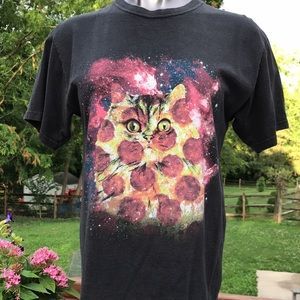 Walnut & 39th Cat in Space Pepperoni Men M 100% Cotton Black T Shirt Unisex